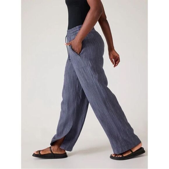 Athleta Women's Cabo Linen Textured Wide Leg Blue Stripe Pull On Pants Blue 0 - Picture 4 of 14